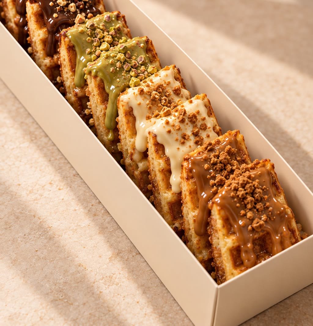 Box de gaufres Maison Z : chocolat, pistache, chocolat blanc et spéculoos