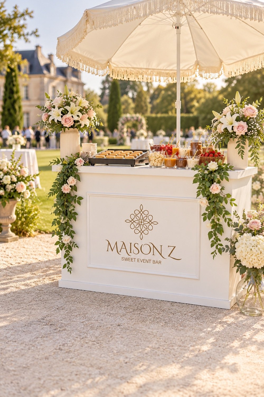 Bar à pancakes Maison Z lors d'un mariage dans un jardin de château