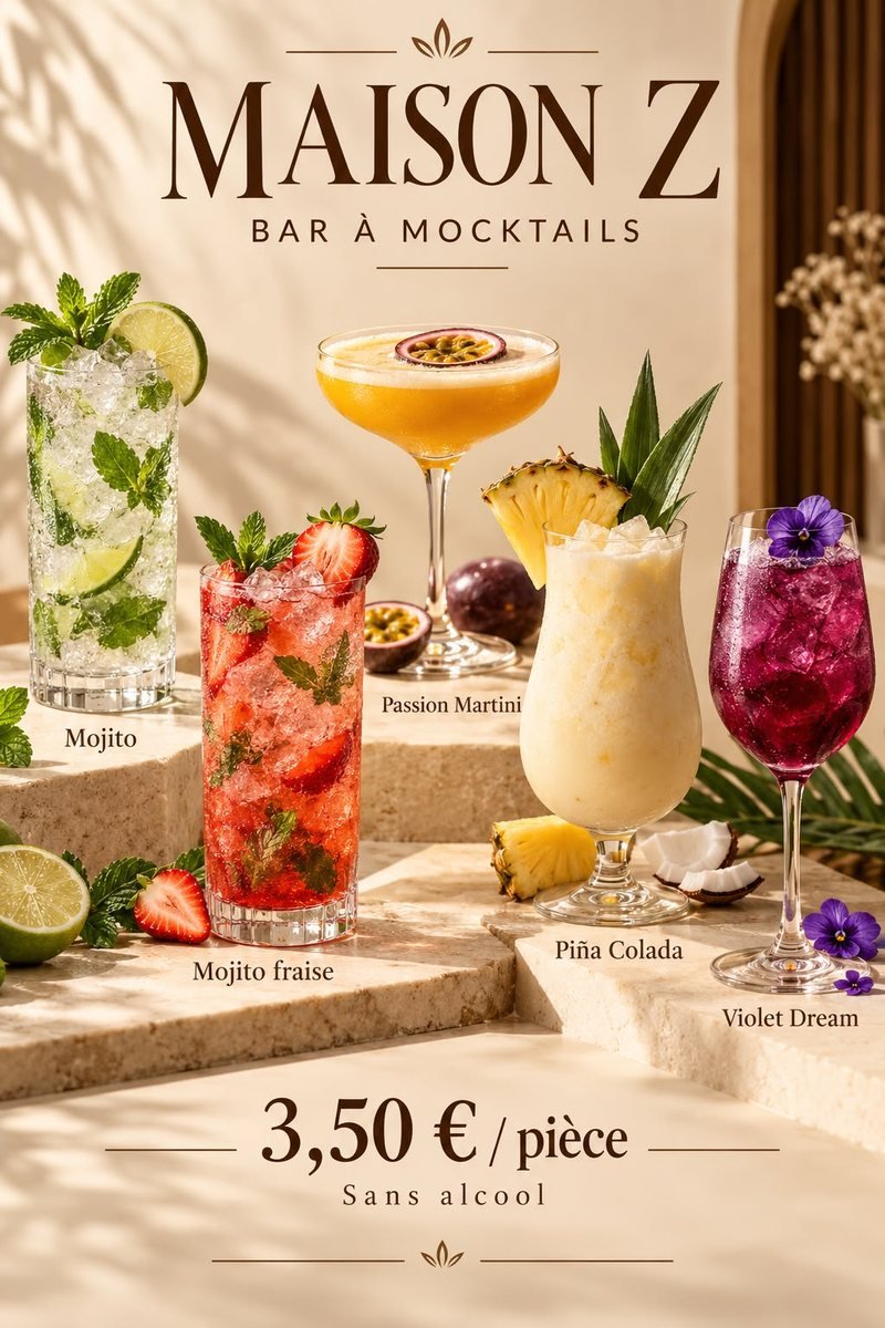 Carte du bar à mocktails Maison Z : Mojito, Mojito fraise, Passion Martini, Piña Colada et Violet Dream à 3,50 € la pièce